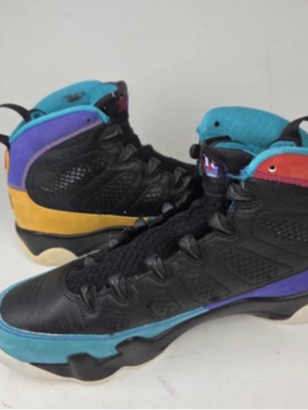 Retro High-Top Basketball Sneakers in Black with Teal, Purple & Gold Accents
